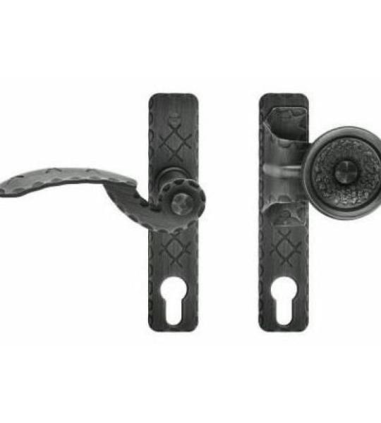Retro deurklink links met stootgreep - voor tuinpoort en nog veel meer - smeedijzer - gegalvaniseerde deurkruk - deurgreep - drukknopset in antiek design (drukknop links wijzerd)
