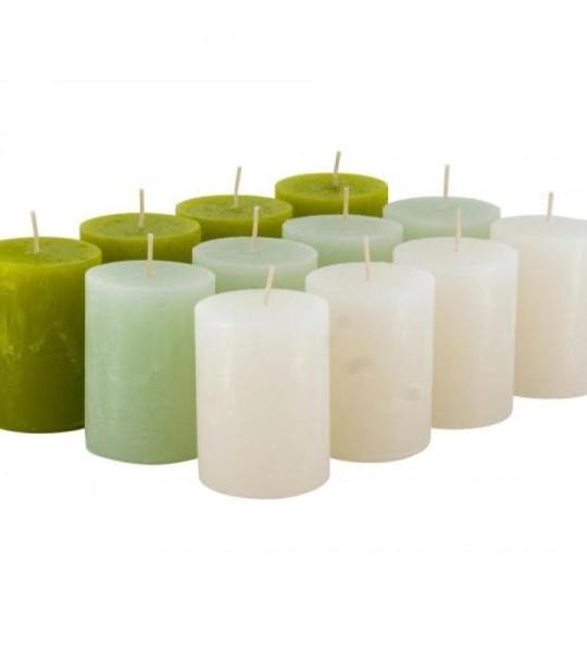 Hoogwaardige en rustieke stompkaarsen – 12 stuks – waskaarsen/rustickers/adventskaarsen Kerstmis (Happy Green-Mix, klein: hoogte 8 cm/Ø 6 cm)
