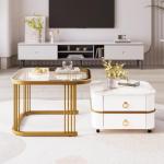 Nestbarer Couchtisch: Hochglanz-Marmor außen und Glas-Tischplatte, Golddekoration, Beistelltisch mit Schublade, 2er Set