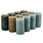 Hoogwaardige & rustieke stompkaarsen – 12 kaarsen – waskaarsen/rustikkers/adventskaarsen Kerstmis (Green Festive-Mix, standaard: hoogte 11 cm/Ø 6 cm)