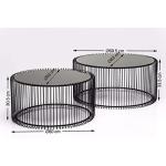 Design salontafel Wire set van 2, zwart, 63/53 cm diameter, bijzettafel, nachtkastje, stalen frame, tafelblad van veiligheidsglas, woonkamer, rond, 34 x 70 x 70 cm (h x b x d)