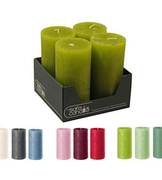 Hoogwaardige & rustieke stompkaarsen – 4 stuks – SafeCandle – waskaarsen/rustickers/adventskaarsen Kerstmis (limoengroen, groot: hoogte 14 cm / Ø 7 cm)