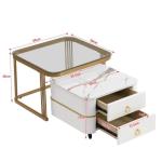 Nestbarer Couchtisch: Hochglanz-Marmor außen und Glas-Tischplatte, Golddekoration, Beistelltisch mit Schublade, 2er Set