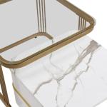 Nestbarer Couchtisch: Hochglanz-Marmor außen und Glas-Tischplatte, Golddekoration, Beistelltisch mit Schublade, 2er Set