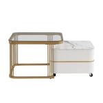Nestbarer Couchtisch: Hochglanz-Marmor außen und Glas-Tischplatte, Golddekoration, Beistelltisch mit Schublade, 2er Set