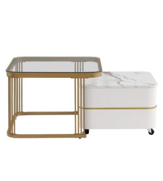 Nestbarer Couchtisch: Hochglanz-Marmor außen und Glas-Tischplatte, Golddekoration, Beistelltisch mit Schublade, 2er Set
