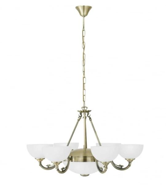 Savoy hanglamp met 8 fittingen, vintage, rustieke hanglamp van gepolijst gebruind metaal met wit gesatineerd glas, hangende eettafellamp, woonkamerlamp met E14- en E27-fittingen