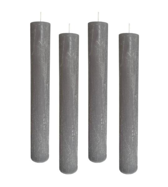 Set van 4 rustieke staafkaarsen, hoogte: 24 cm, diameter: 3,4 cm, 24 uur brandduur, dikke kaarsen, dinerkaarsen, tafelkaarsen, kerkkaarsen, kleur: grijs