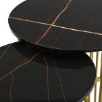 Moderne ronde salontafel set van 2 met PVC marmerpatroon desktop en gouden metalen frame, hoogglans bijzettafelset woonkamertafel koffietafel koffietafel banktafel (zwart)