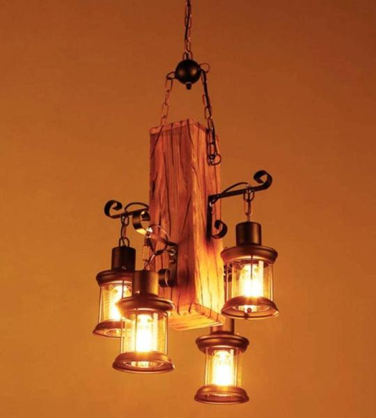 Vintage hanglamp, industriële hanglamp, retro houten hanglamp, zwart, ijzer, glas, lampenkap, E27 x 4, in hoogte verstelbaar, loft, hanglamp, binnen, voor eetkamer, woonkamer, bar