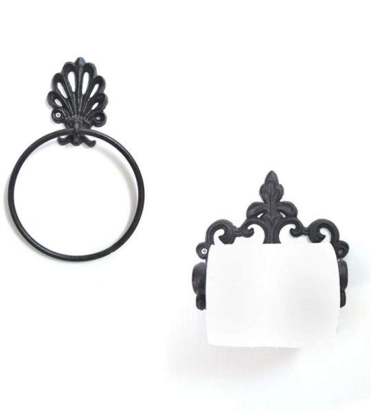 Antiek Bad Accessoires Set gietijzeren toiletrolhouder handdoekring Rustieke badkamer muur gemonteerd