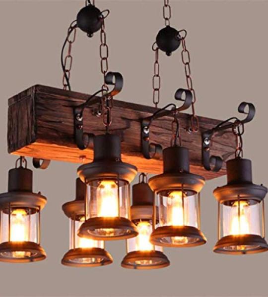 Vintage Industriële Houten Kroonluchter 6 Hoofd Retro Industriële Stijl Creatieve Disign Lamp Hanglamp Cafe Loft Metalen Glas Decoratieve Creatieve Eetkamer Woonkamer Bar Cafe Ha
