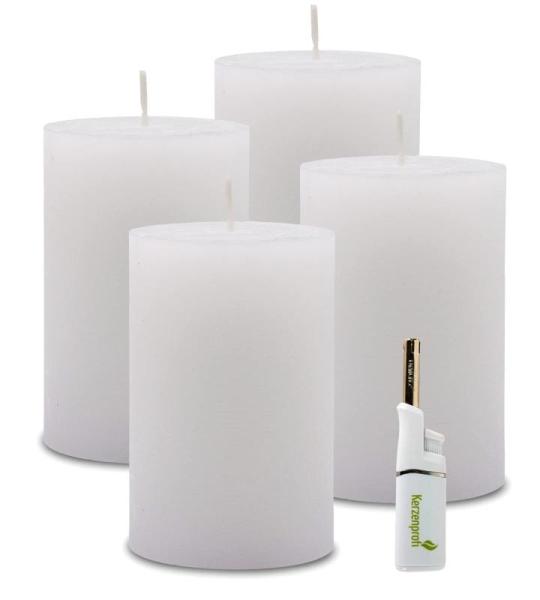 : 4 x rustieke pool-stompkaarsen 120/78 mm. Brandduur ca. 60 uur! incl. Candle Profi staafaansteker - Duitse merkfabrikant - RAL gecertificeerd (wit)