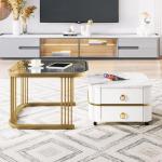 Nestbarer Couchtisch: Hochglanz-Marmor außen und Glas-Tischplatte, Golddekoration, Beistelltisch mit Schublade, 2er Set