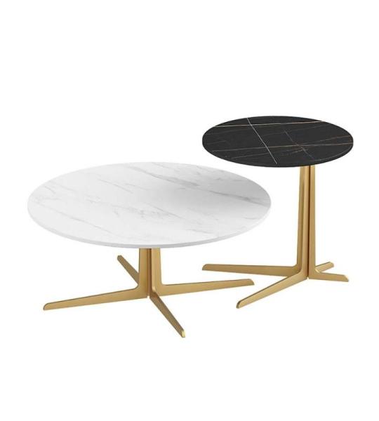 Couchtische in Marmoroptik, rund, mit goldfarbenem Metallrahmen, modernes Wohnzimmerdekor-Set