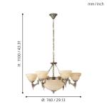 Hanglamp Marbella, 9-lamps, vintage, rustiek, hanglamp van gepolijst gegoten metaal, albastglas in champagne-kleur, eettafellamp, woonkamerlamp met E14-fitting