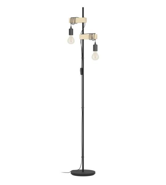 Stehlampe Townshend, 2-flammige Vintage Stehleuchte, Lampe mit Holzbalken, Retro Standleuchte aus Metall in Schwarz und Holz in Natur, FSC zertifiziert, E27 Fassung