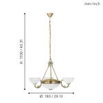 Savoy hanglamp met 5 fittingen, vintage, rustieke hanglamp van gepolijst gebruind metaal met wit gesatineerd glas, hangende eettafellamp, woonkamerlamp met E14- en E27-fittingen