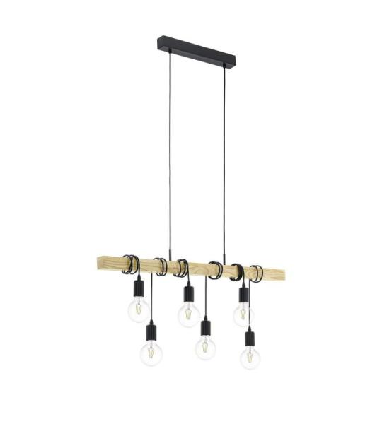 hanglamp Townshend, 6 lampen, vintage hanglamp in industrieel design, retro hanglamp van staal en hout, kleur: zwart of bruin.