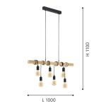 hanglamp Townshend, 6 lampen, vintage hanglamp in industrieel design, retro hanglamp van staal en hout, kleur: zwart of bruin.