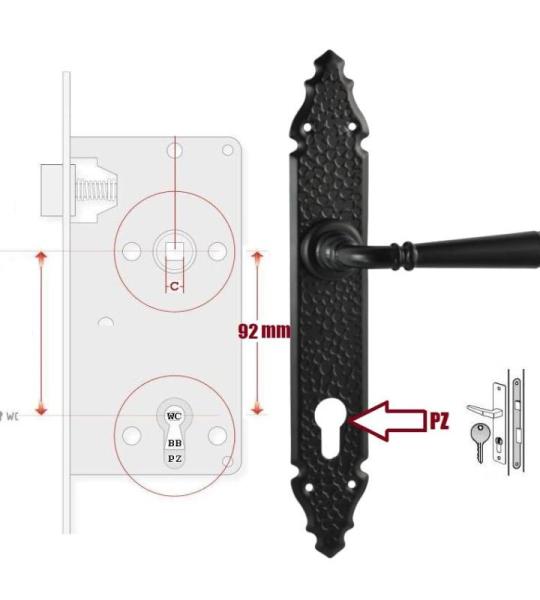 Deurklink, deurbeslag, set, deurgarnituur L 92 PZ profielcilinder voor binnendeuren, kamerdeuren, zwart mat, langschildgarnituur, deurklink BB WC