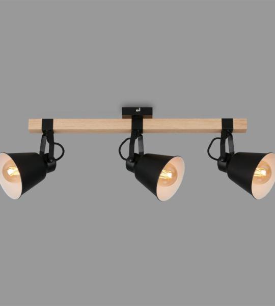 Verlichting plafondlamp retro met houten balken, 3-vlammige plafondlamp vintage, E27 fitting max. 40 watt, verstelbare lampenkappen, rustieke plafondspot, zwart-hout 2406-035
