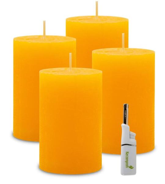 : 4 x rustieke polar-stompkaarsen 120/78 mm, brandduur ca. 60 uur! incl. professionele kaarsenaansteker - Duitse merkfabrikant - RAL gecertificeerd (geel)