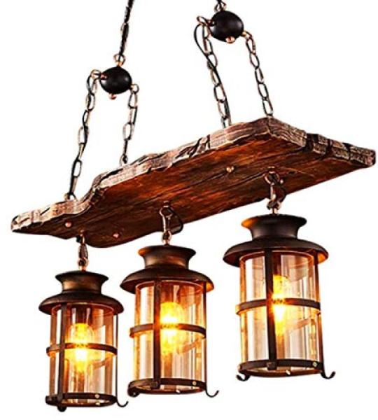 Vintage Hanglamp E27 Retro Houten Industriële Hanglamp Zwarte IJzeren Glazen Lampenkap In Hoogte Verstelbare Kroonluchter Indoor Loft voor Eetkamer Woonkamer Bar Café