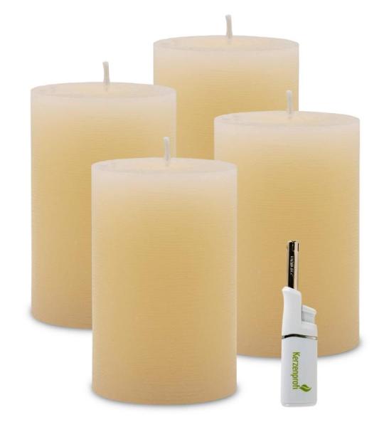 : 4 x rustieke pool-stompkaarsen 120/78 mm. Brandduur ca. 60 uur! incl. professionele kaarsaansteker - Duitse merkfabrikant - RAL gecertificeerd (vanille)