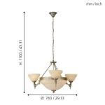 Hanglamp Marbella, 6-lamps, vintage, rustiek, hanglamp van gepolijst gegoten metaal, albastglas in champagne-kleur, eettafellamp, woonkamerlamp met E14-fitting