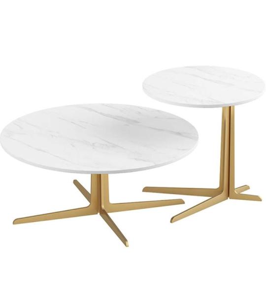 Stijlvolle Moderne Zwarte Marmer Look Nesting Salontafels Set met Goud Metalen Frame voor Woonkamer of Home Decor