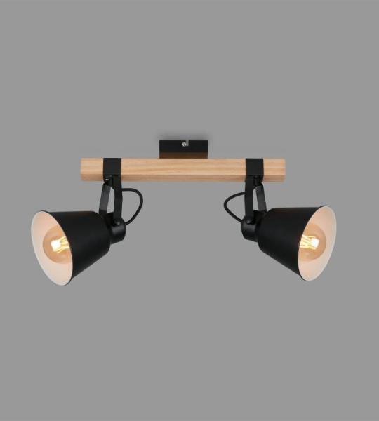 Verlichting plafondlamp retro met houten balken, 2-vlammige plafondlamp vintage, E27 fitting max. 40 watt, verstelbare lampenkappen, rustieke plafondspot, zwart-hout 2406-025