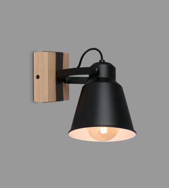 Lampen wandlamp retro met hout, 1-lamp wandlamp vintage, E27 fitting max. 40 watt, verstelbare lampenkap, rustieke wandspot, zwart-hout 2406-015