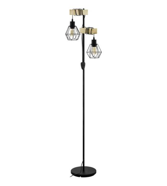 Staande lamp Townshend 5, 2-lichts vintage vloerlamp in industrieel design, retro staande lamp van staal en hout, kleur zwart, bruin, fitting E27, FSC-gecertificeerd, incl. schakel