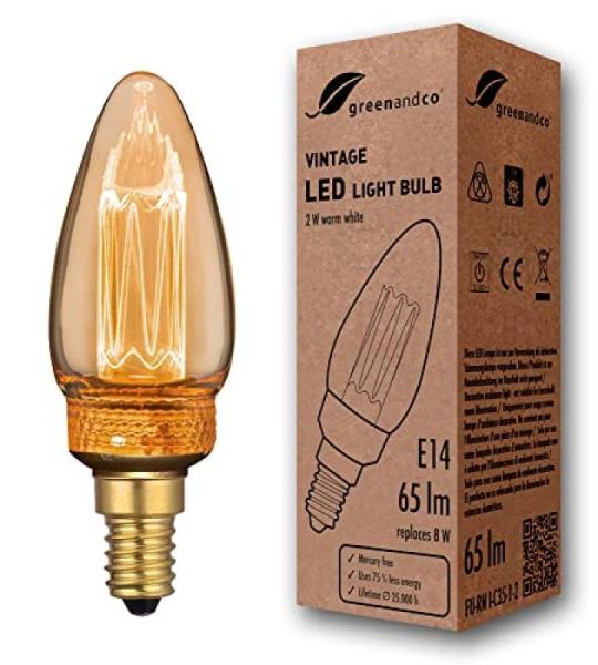 Vintage Design LED lamp in retro stijl voor sfeerverlichting E14 C35 Edison lamp, 2W 65lm 1800K extra warm wit 320° 230V flikkervrij, niet dimbaar