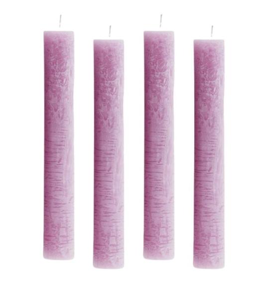 Set van 4 rustieke staafkaarsen, hoogte: 24 cm, diameter: 3,4 cm, 24 uur brandduur, dikke kaarsen, dinerkaarsen, tafelkaarsen, kerkkaarsen, kleur: lila