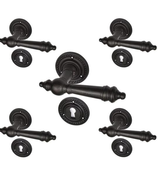 5 antieke deurbeslagen, deurkrukset, deurklink en rozetten voor kamerdeuren (bontbaard) model 1900 ijzer zwart