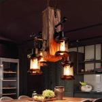 Vintage hanglamp, industriële hanglamp, retro houten hanglamp, zwart, ijzer, glas, lampenkap, E27 x 4, in hoogte verstelbaar, loft, hanglamp, binnen, voor eetkamer, woonkamer, bar