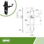 - Set von Türklinken Mod. 100PB | 280 x 44 mm | Klinke aus Zamak mit Stahlplatte | Schwarzes Finish | Inklusive Europrofil-Schlüsselrosette | 8 mm Vierkant | Handgeschmiedeter ru
