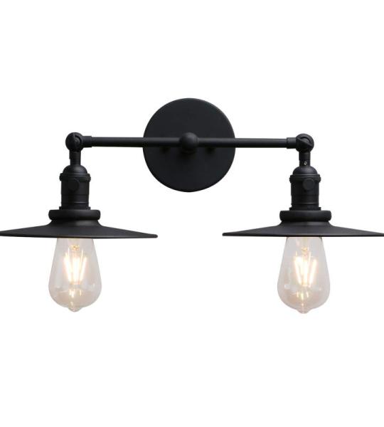 Wandlamp, 2 vlammen, metalen kap, vintage industriële loft wandlamp, antiek decoratief design, landhuisstijl, E27, wandverlichting, keukenwandlamp (zwart kleur)