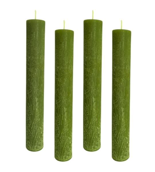 Set van 4 rustieke staafkaarsen, H: 24 cm Ø: 3,4 cm, 24 uur brandduur, dikke kaarsen, dinerkaarsen, tafelkaarsen, kerkkaarsen, kleur: grasgroen