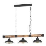 hanglamp Oldbury, 3-lichts vintage pendellamp in industrieel ontwerp, plafondlamp hangend van staal en hout, kleur zwart, bruin rustiek, E27, 118 cm, FSC-gecertificeerd