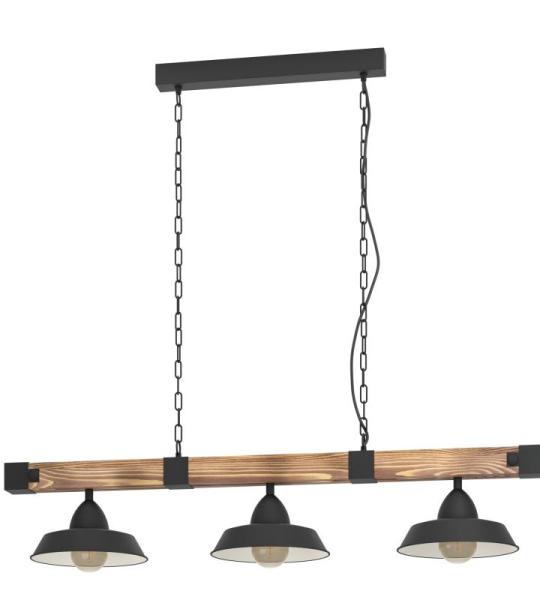 hanglamp Oldbury, 3-lichts vintage pendellamp in industrieel ontwerp, plafondlamp hangend van staal en hout, kleur zwart, bruin rustiek, E27, 118 cm, FSC-gecertificeerd