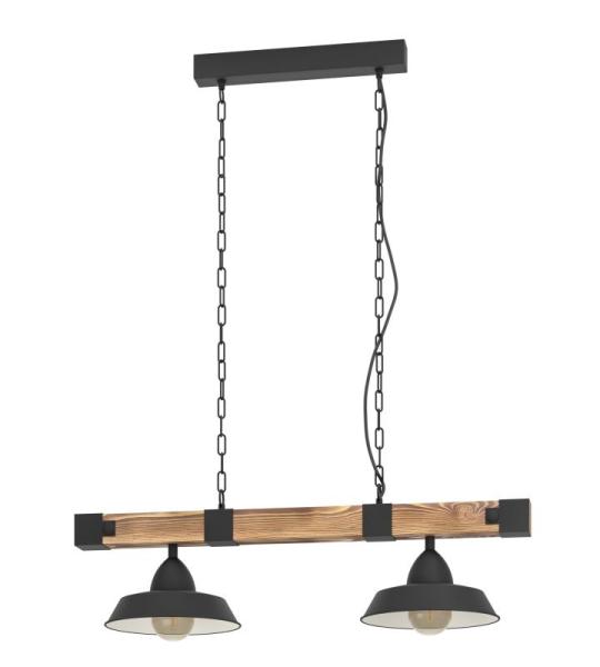 hanglamp Oldbury, 2-lichts vintage pendellamp in industrieel ontwerp, plafondlamp hangend van staal en hout, kleur zwart, bruin rustiek, E27, 86 cm, FSC-gecertificeerd