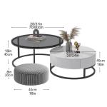 Moderne ronde houten salontafel set van 2 met reliëfontwerp, ideaal voor woonkamer, balkon of kantoor, eenvoudige montage, stijlvol metalen frame, zwart