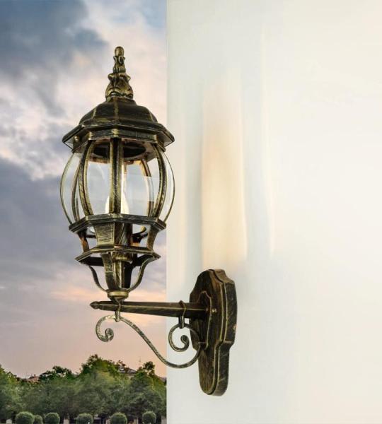 Brest Buitenlamp voor aan de muur, aluminium en glas, in antiek goud, IP23, terras, tuin, B: 15,5 cm, E27, rustieke lantaarn, buitenwandlamp, balkon