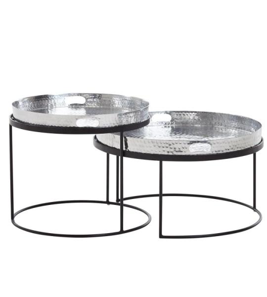 Tafel Set Gehamerd Metaal Zilver Bijzettafel set van 2 | Tafel Woonkamer Rond | Moderne Woonkamertafel Tafel met uitneembaar Blad