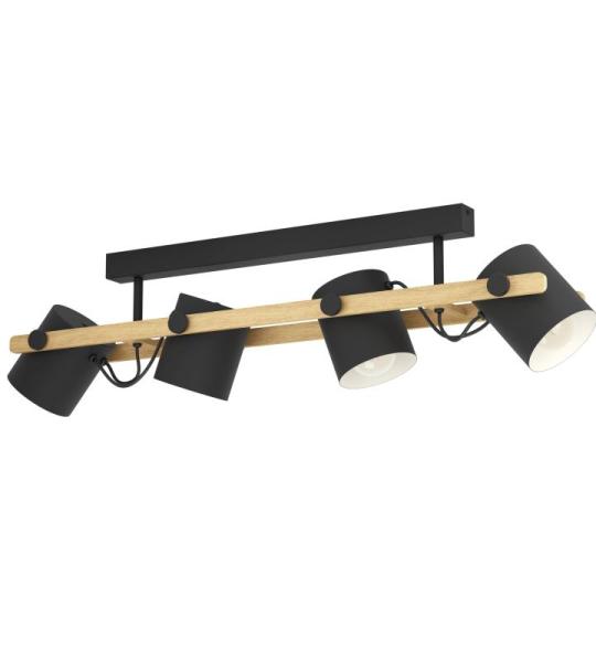 Plafondlamp Hornwood met 4 spots, vintage en industrieel design plafondspot, lamp plafond van zwart en crème metaal, natuurlijk hout, plafondverlichting voor woonkamer en slaapkam