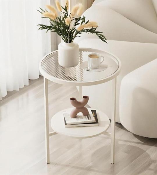 Mid Century Moderner Couchtisch mit 2 Etagen und Stauraum, runder Metall-Beistelltisch für kleine Räume im Wohnzimmer, Schlafzimmer oder Schlafsaal