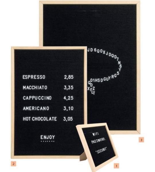 Bord met letters 60 x 80 cm van natuurlijk hout en vilt – bevat 360 letters, cijfers, symbolen en een set voor wandmontage